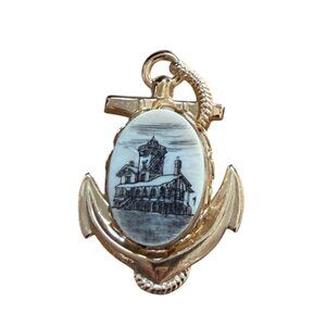 Vintage Gold Anchor Pendant With Detailed House Scene Nautical Charm Approx 2 In